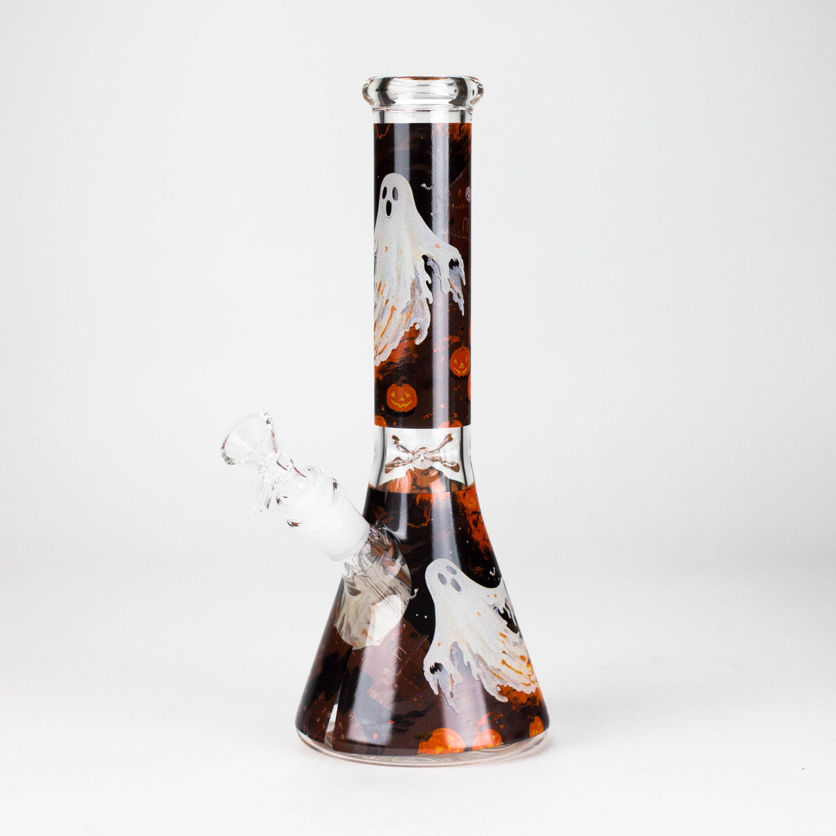 Design 3 ghost beaker bong with a large flowing white ghost graphic on the black neck