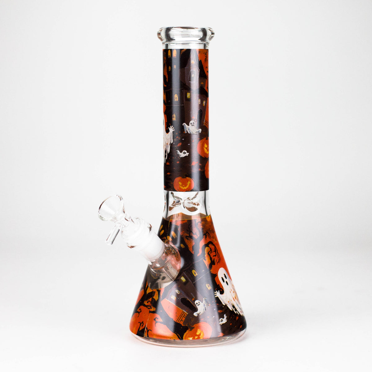Design 4 Halloween beaker bong with small flying ghosts, pumpkins and orange haunted-house graphics
