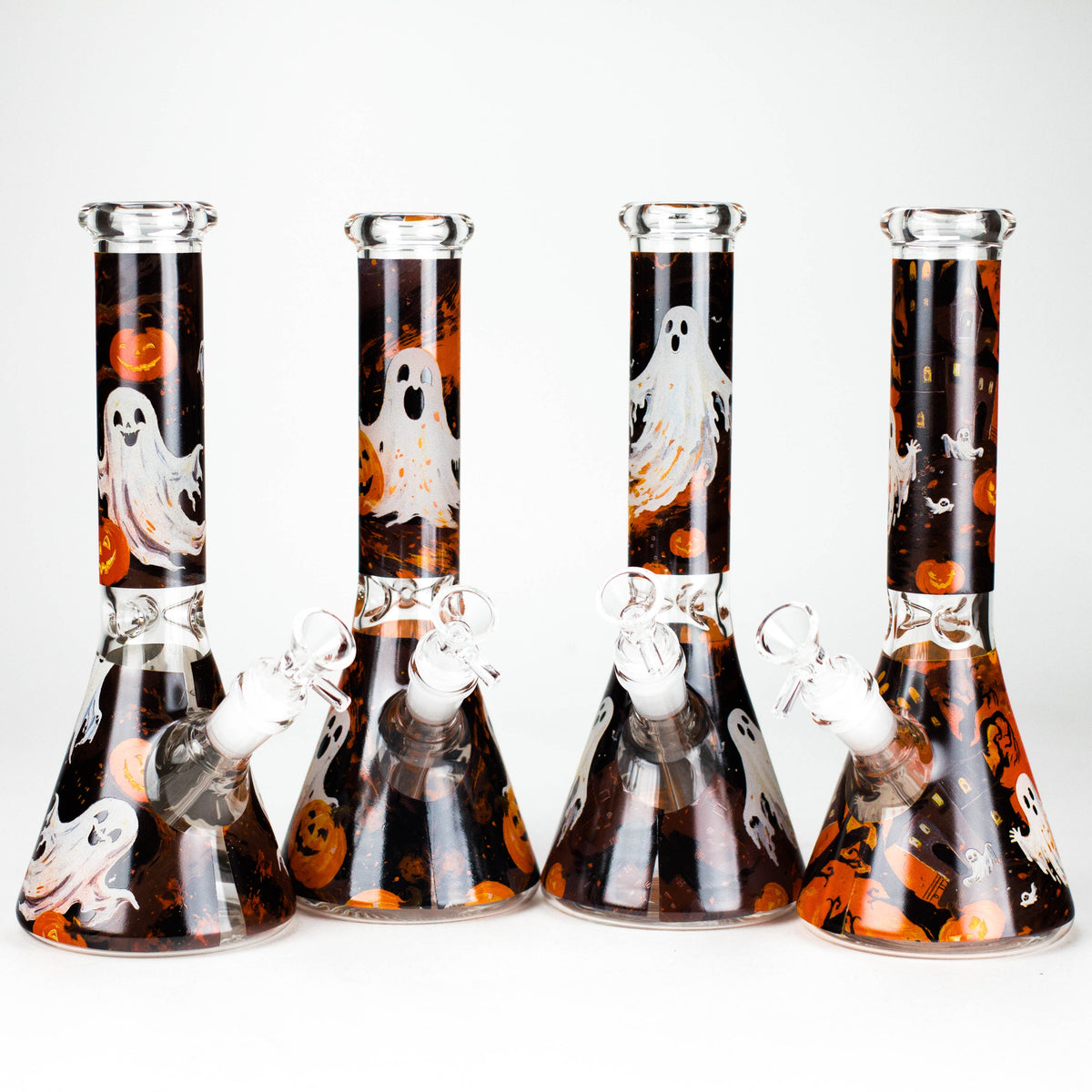 Four 10-inch beaker bongs with white ghost, orange pumpkin and black Halloween graphics