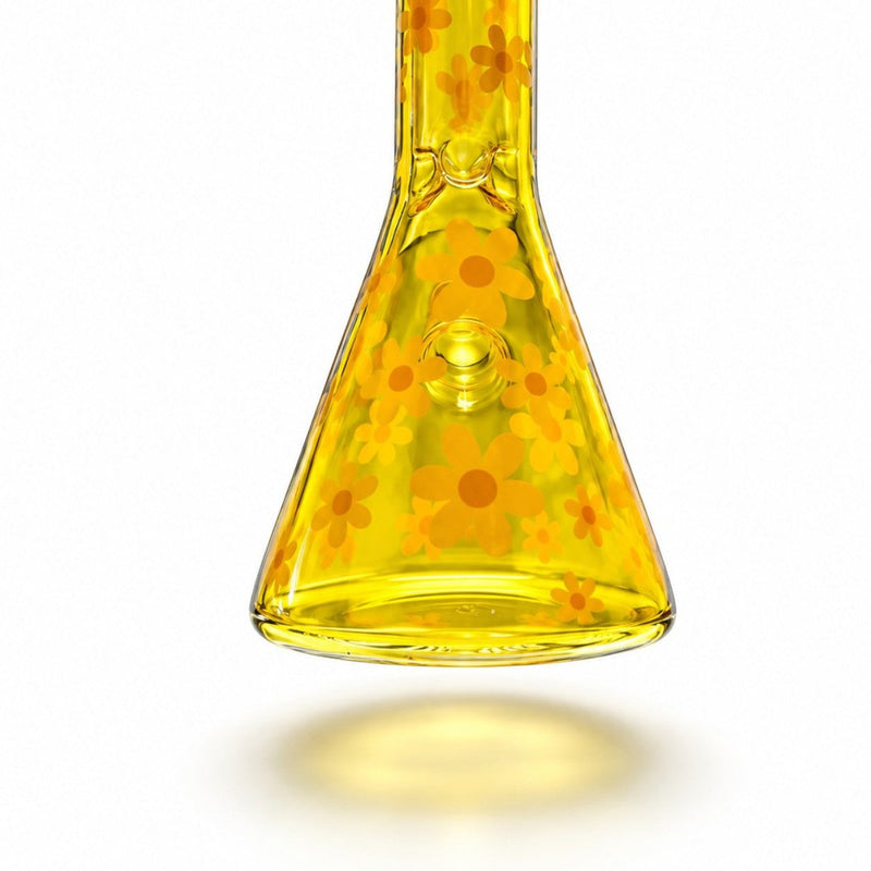 Close-up of amber daisy beaker base showing flower graphics and glass joint