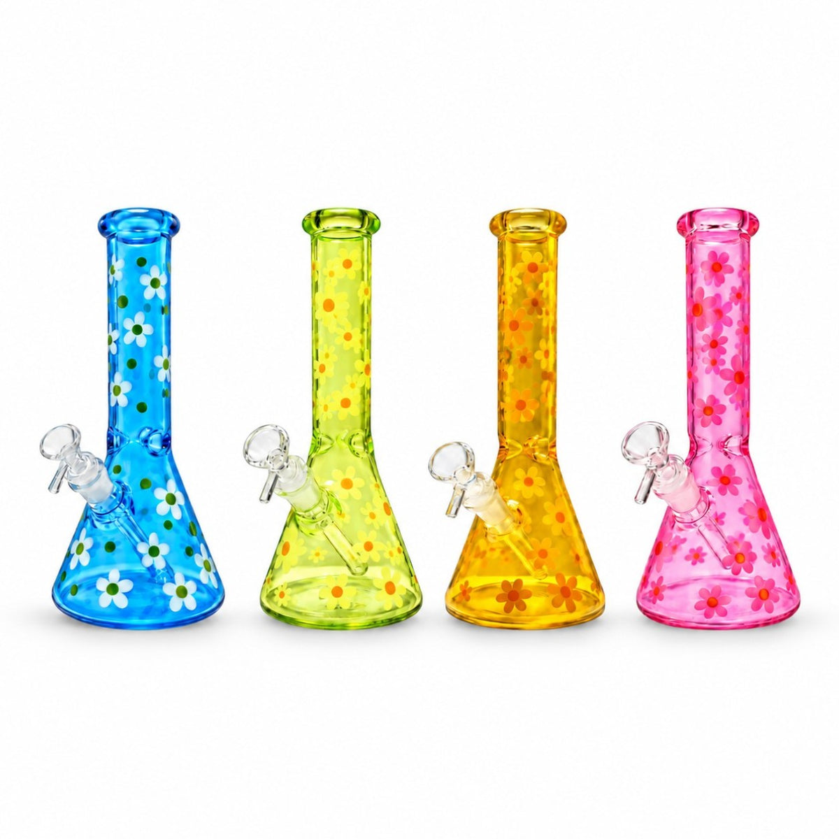 Four 10-inch daisy flower beaker bongs in blue, green, amber and pink glass