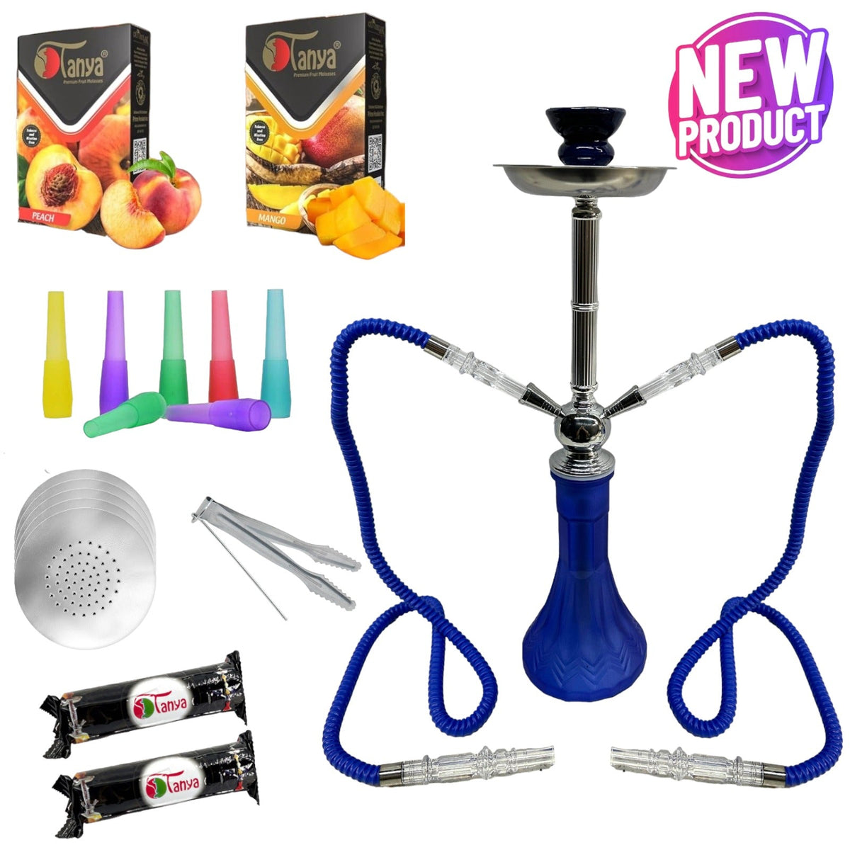 28 Inch Double Hose Hookah Kit with Shisha and charcoal