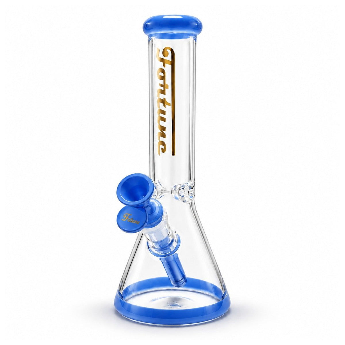 Fortune 10-inch clear beaker bong with blue mouthpiece, base, downstem and bowl, shown from the front