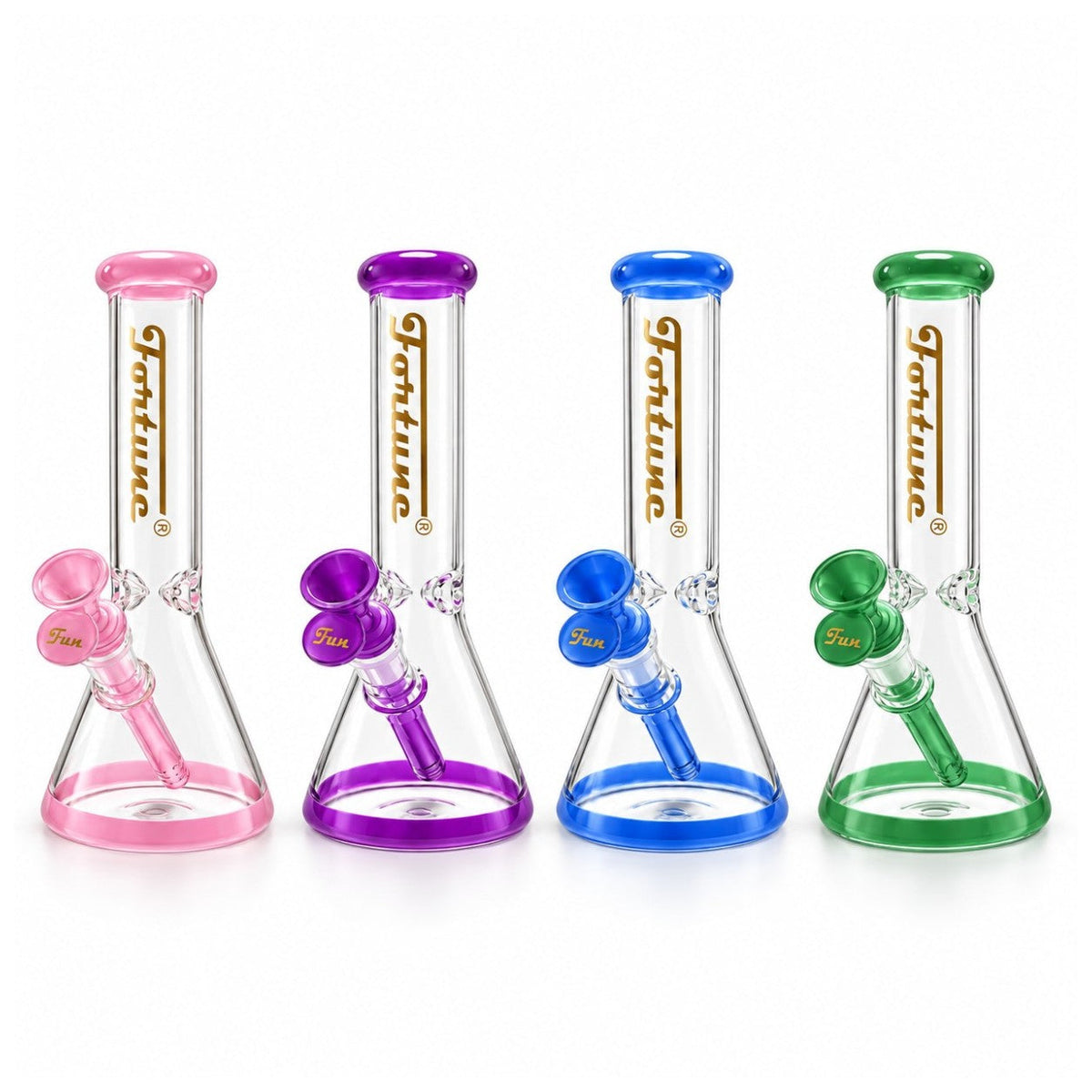 Fortune 10-inch clear glass beaker bongs with pink, purple, blue and green rims, bases, downstems and bowls