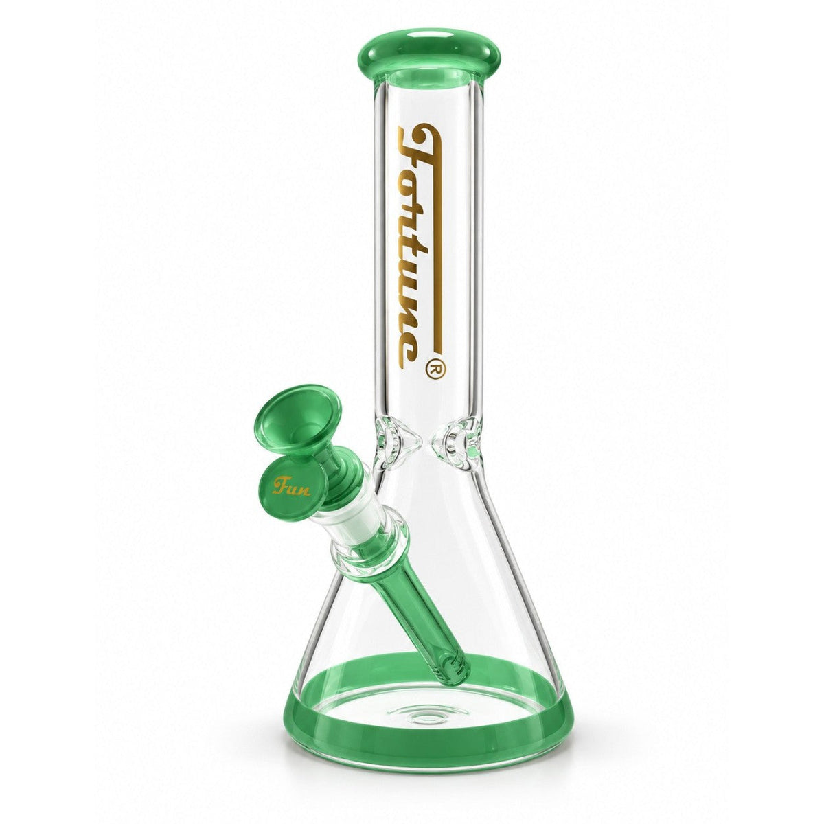 Fortune 10-inch clear beaker bong with green mouthpiece, base, downstem and bowl, shown from the front