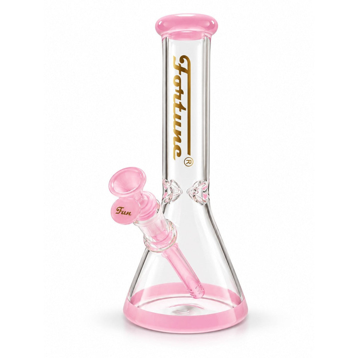 Fortune 10-inch clear beaker bong with pink mouthpiece, base, downstem and bowl, shown from the front