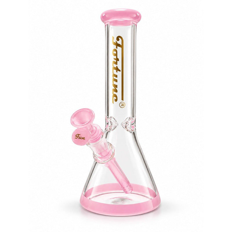 Fortune 10-inch clear beaker bong with pink mouthpiece, base, downstem and bowl, shown from the front