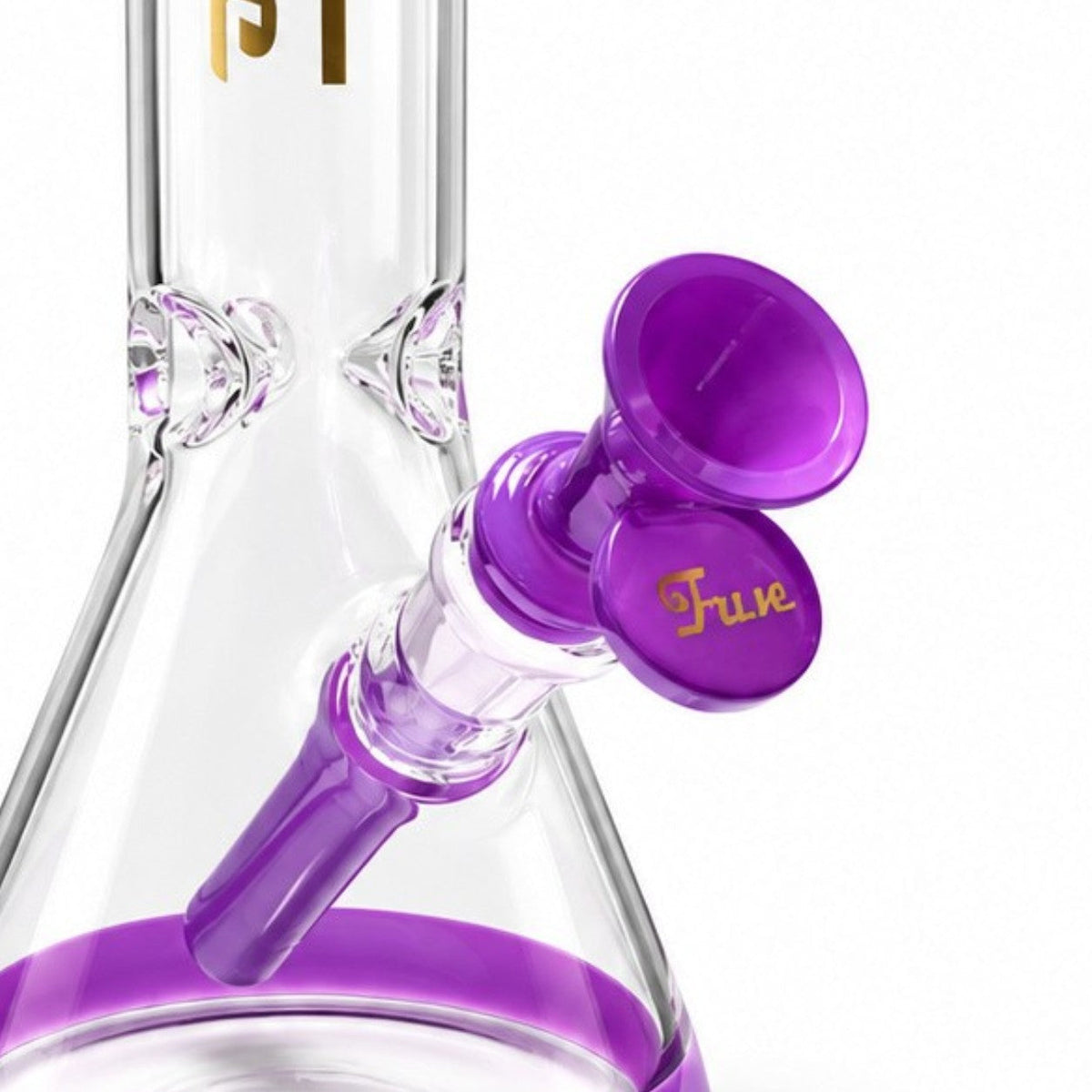 Close-up of the purple handled bowl and matching downstem seated in the Fortune beaker bong