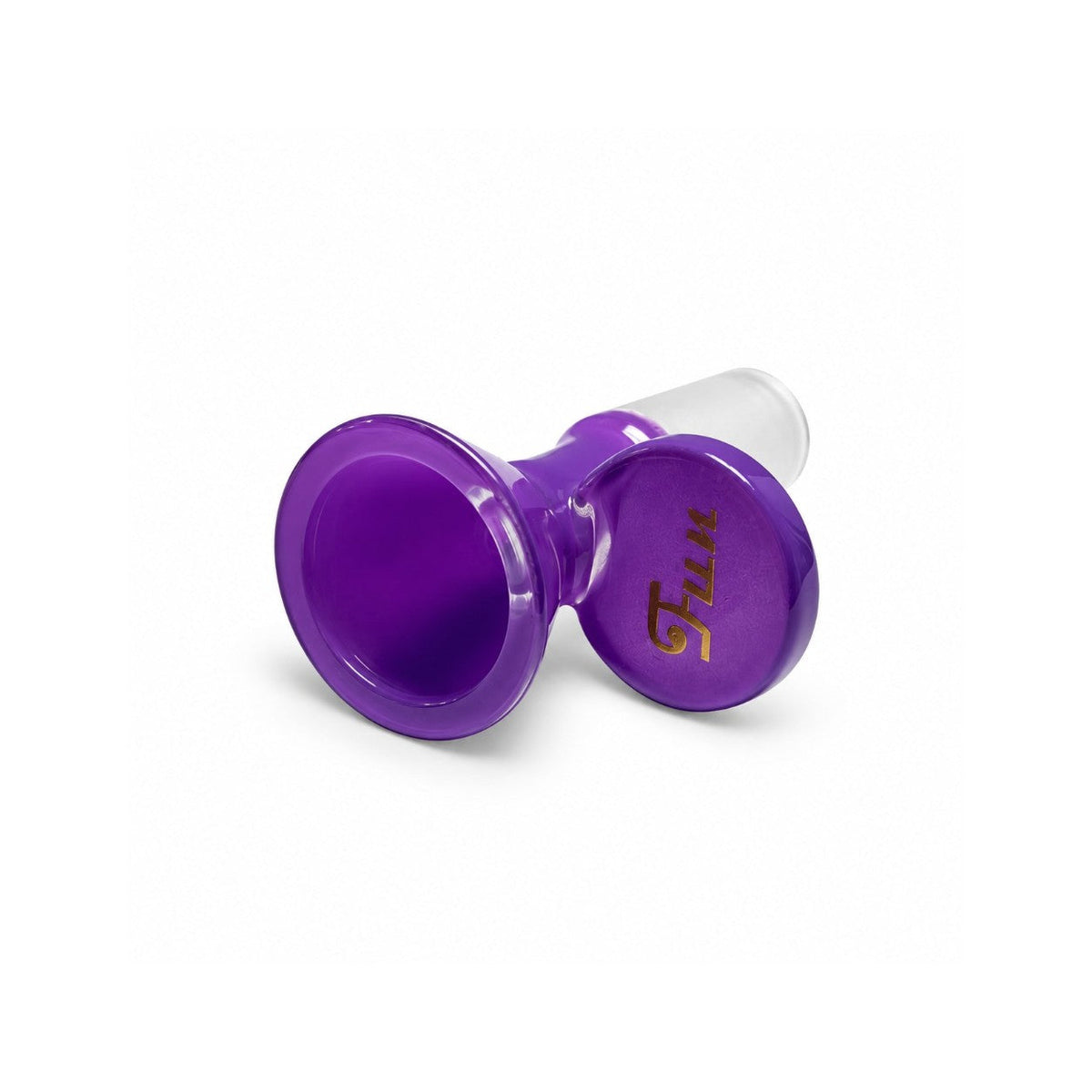 Purple 14mm handled Fortune glass bowl removed from the beaker bong, showing its round handle and ground-glass joint