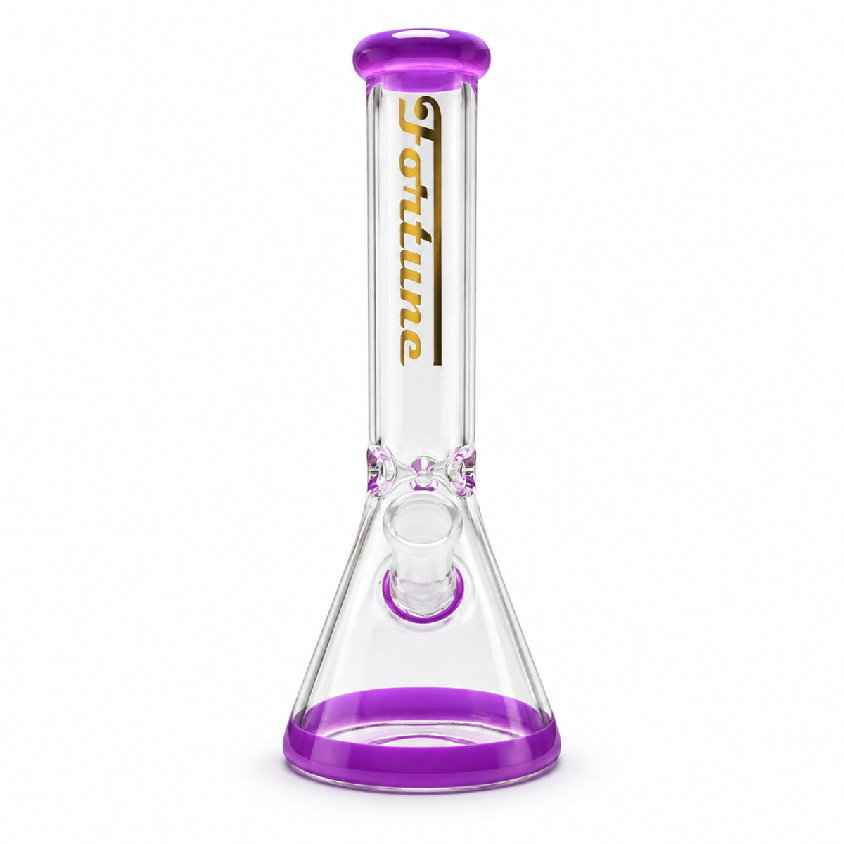 Straight-on front view of the purple Fortune beaker bong with the bowl removed, showing the neck logo and glass joint