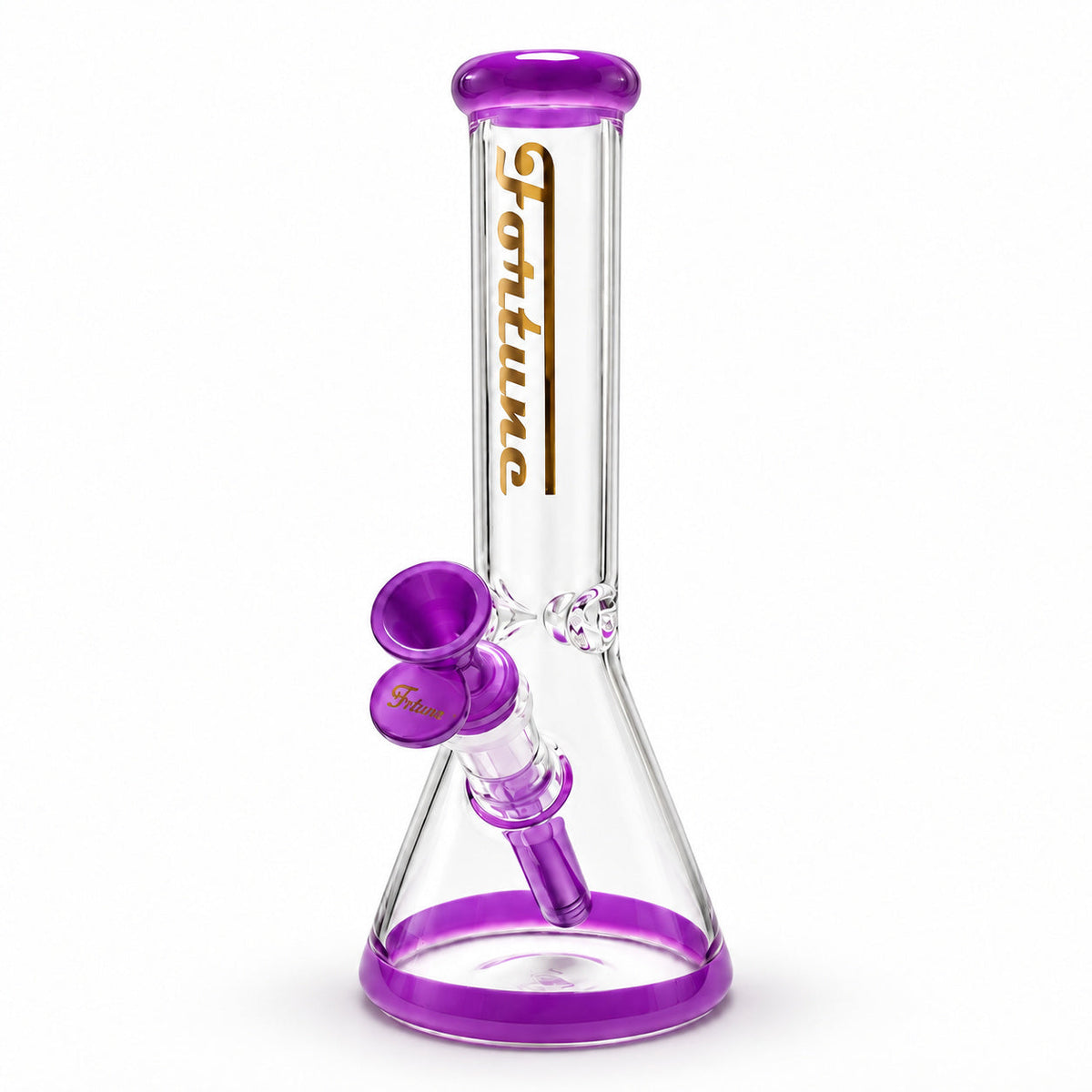 Fortune 10-inch clear beaker bong with purple mouthpiece, base, downstem and bowl, shown from the front