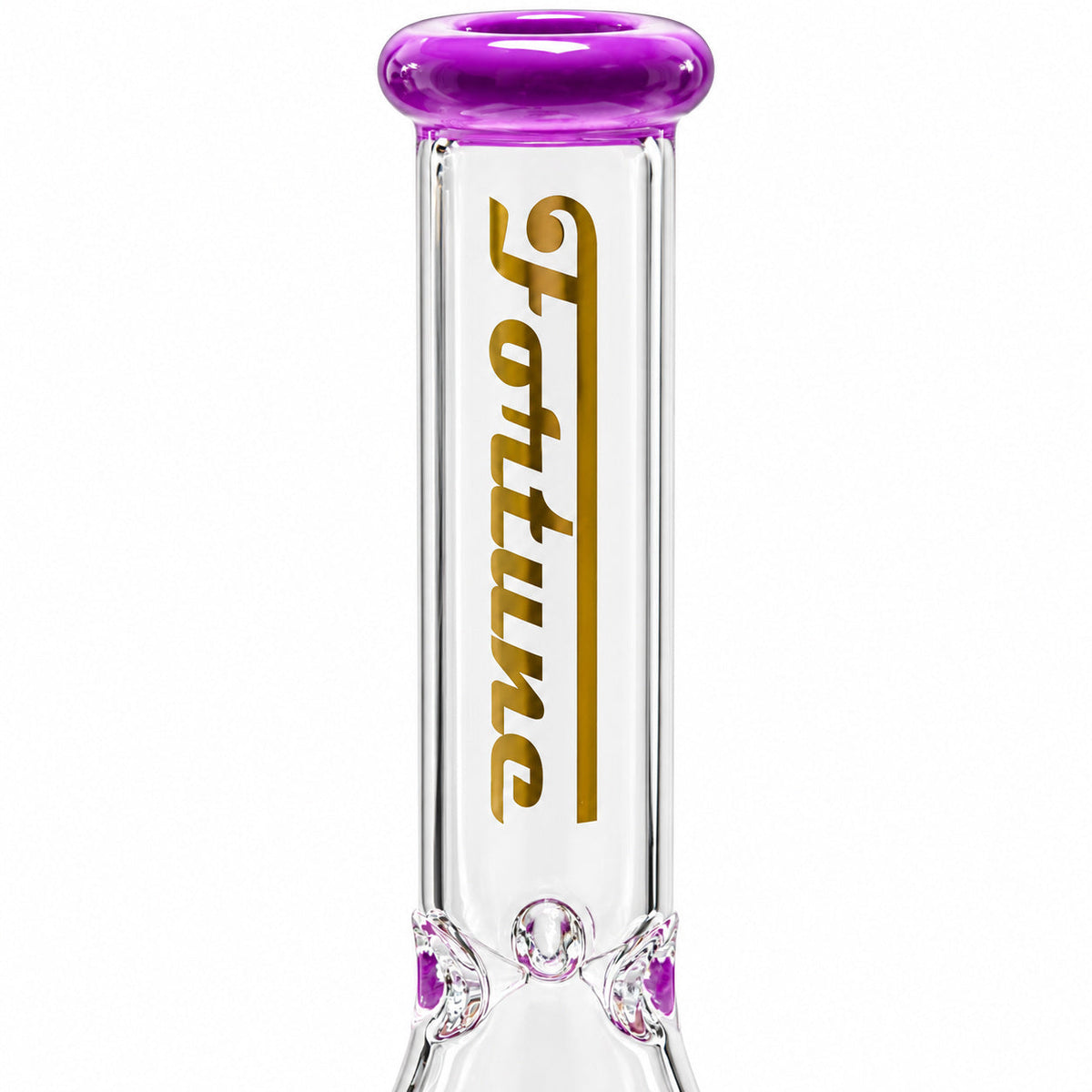 Close-up of the purple flared mouthpiece, gold Fortune logo and clear-glass ice pinches in the neck