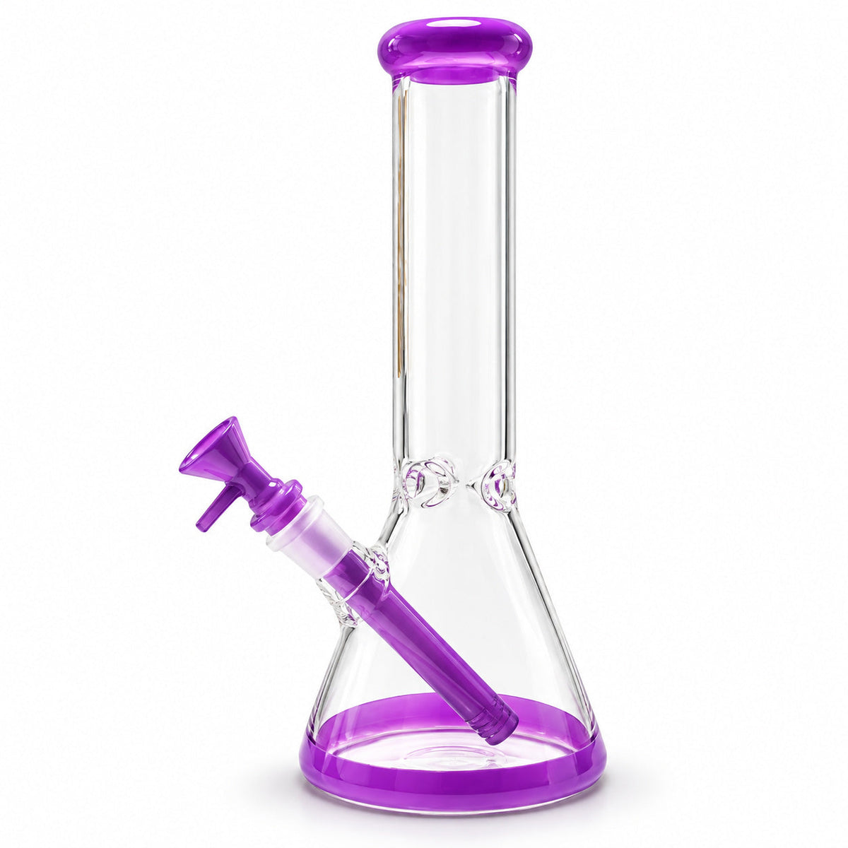 Side view of the purple Fortune beaker bong showing the coloured downstem, bowl handle and clear 5mm glass body