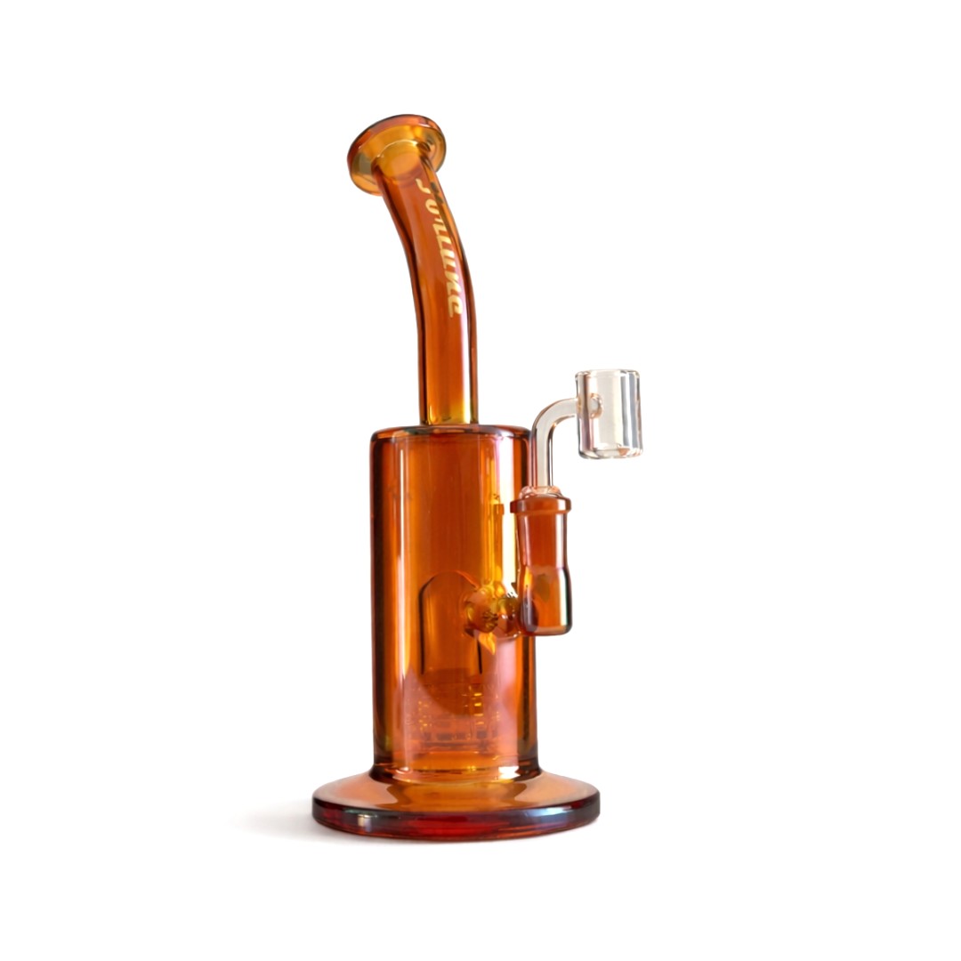 Amber Fortune Matrix rig showing its coloured chamber, gold logo and quartz banger