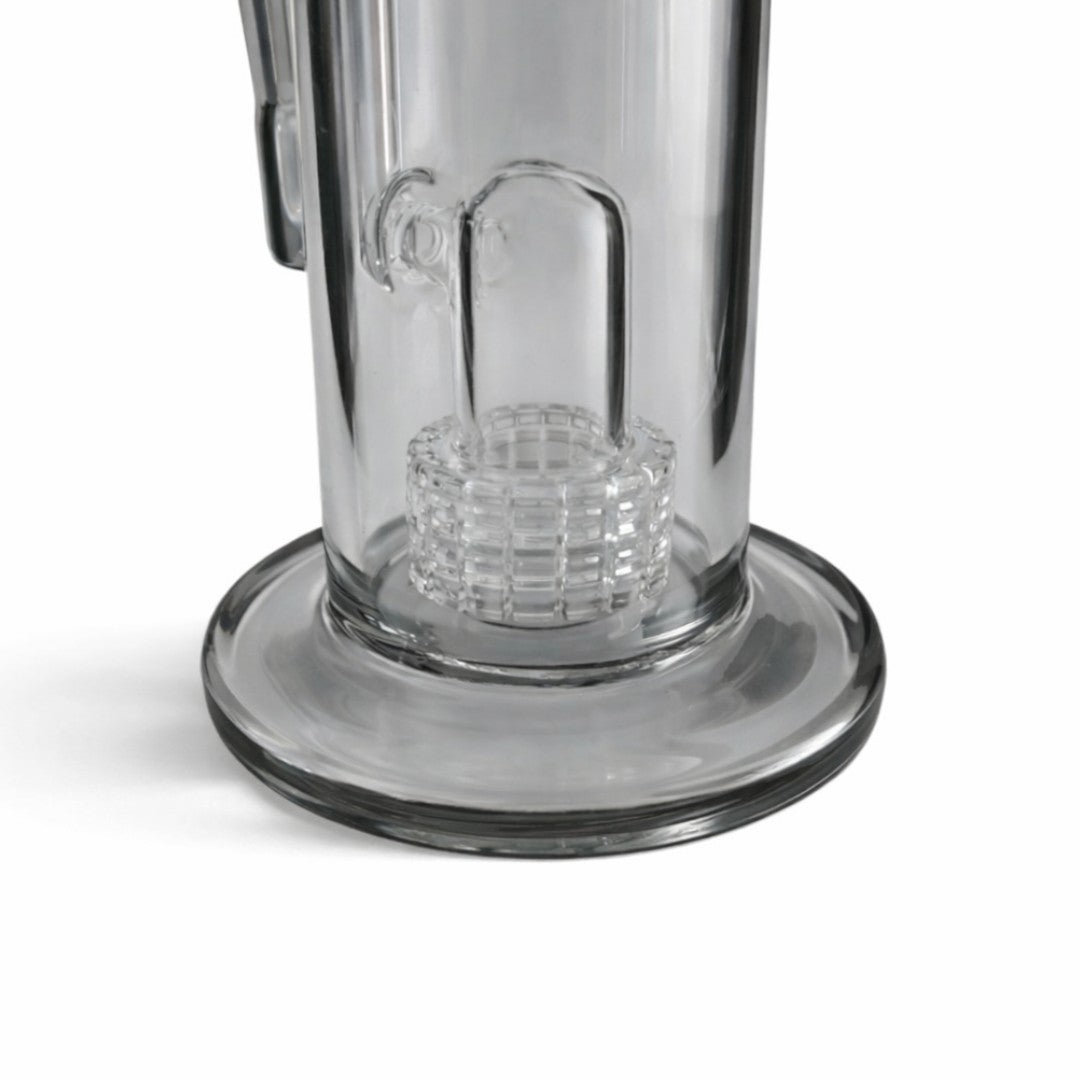 Close-up of the Ash Gray Matrix rig’s round base and lower glass water chamber