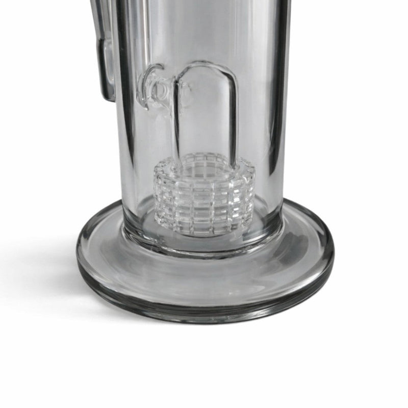 Close-up of the Ash Gray Matrix rig’s round base and lower glass water chamber