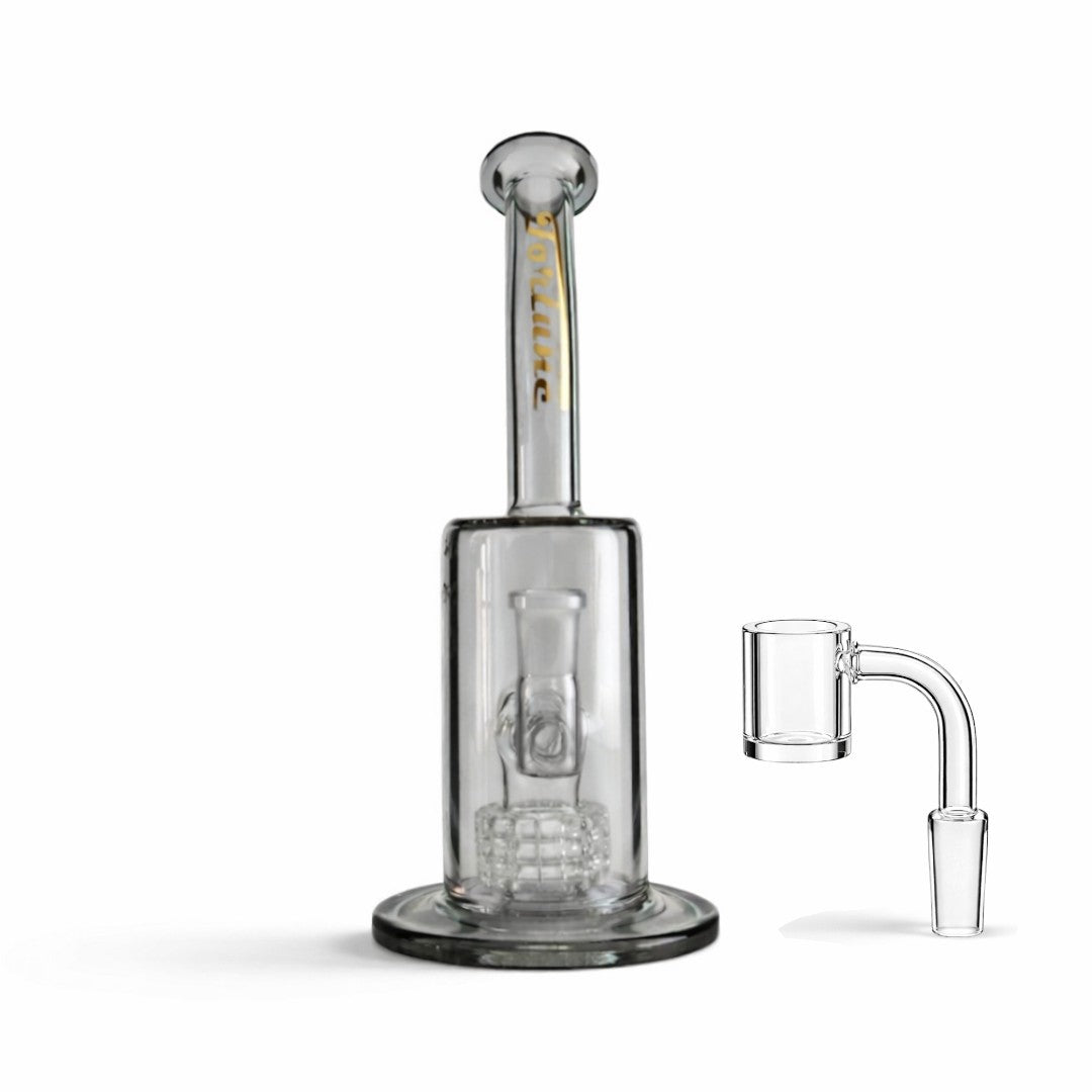 Front view of the Ash Gray Matrix rig with its quartz banger displayed separately beside the round base