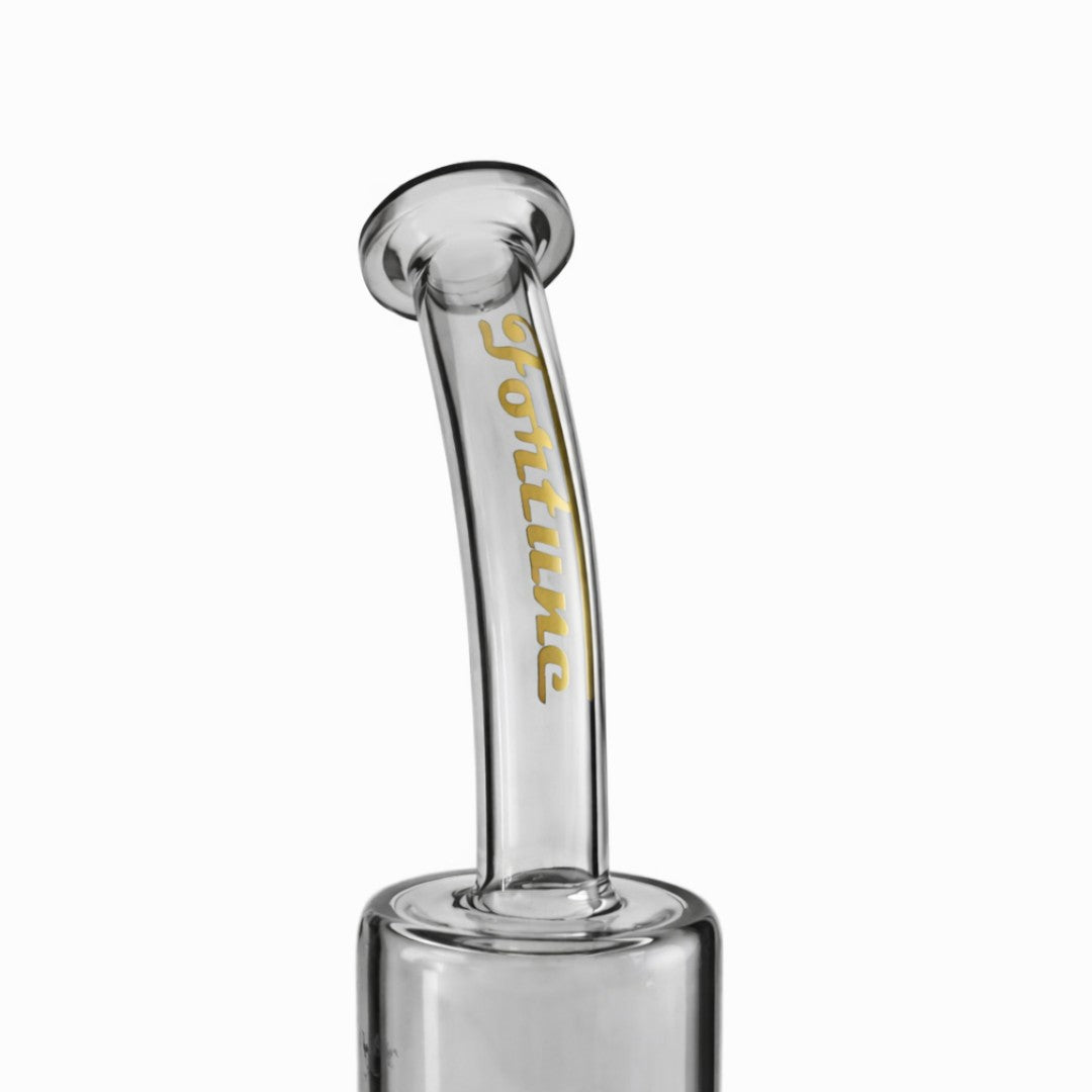 Close-up of the Ash Gray Matrix rig’s angled neck, flared mouthpiece and gold Fortune lettering