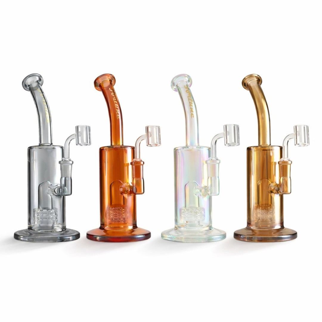 Ash Gray, Amber, Sunshine and Gold Chrome Fortune Matrix rigs with angled necks and quartz bangers