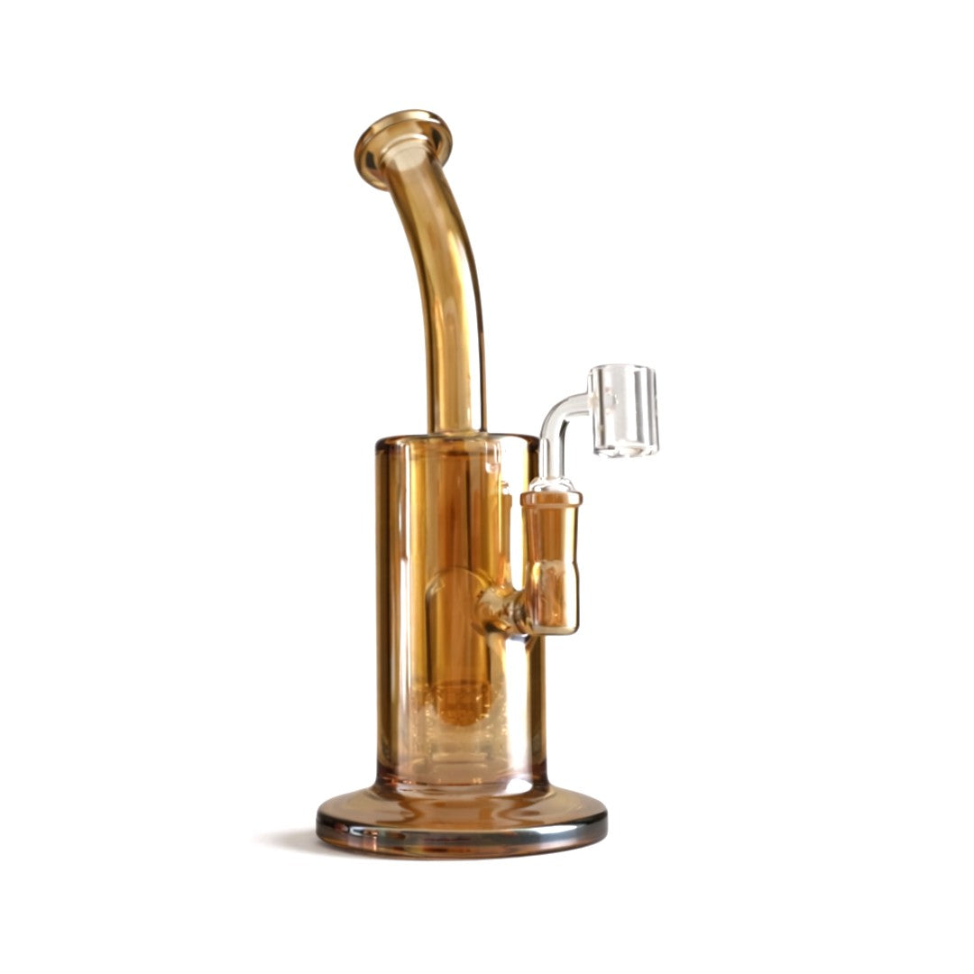 Gold Chrome Fortune Matrix rig with an angled neck, round base and fitted quartz attachment