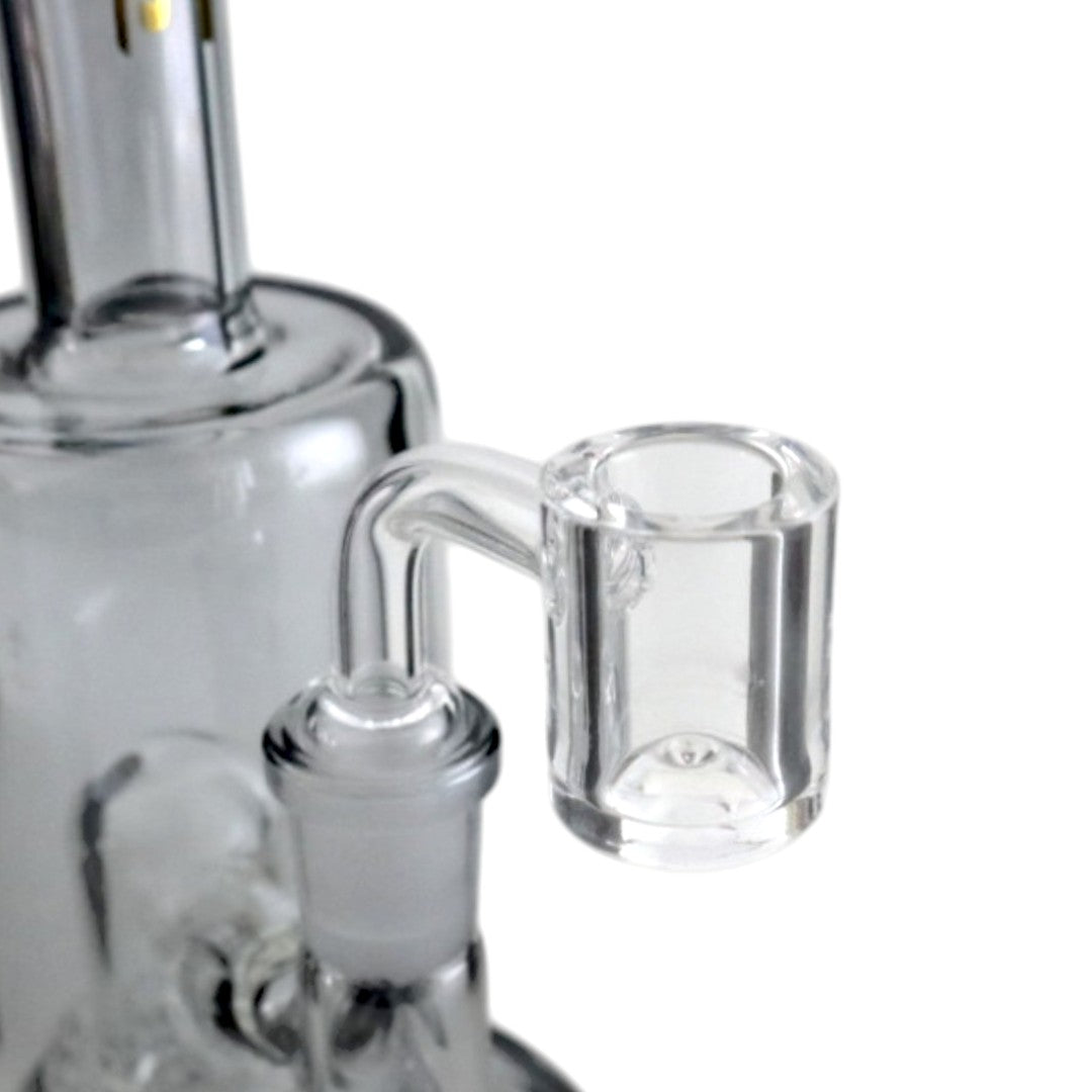 Close-up of the Fortune Matrix rig’s clear quartz banger seated in its frosted glass-on-glass joint