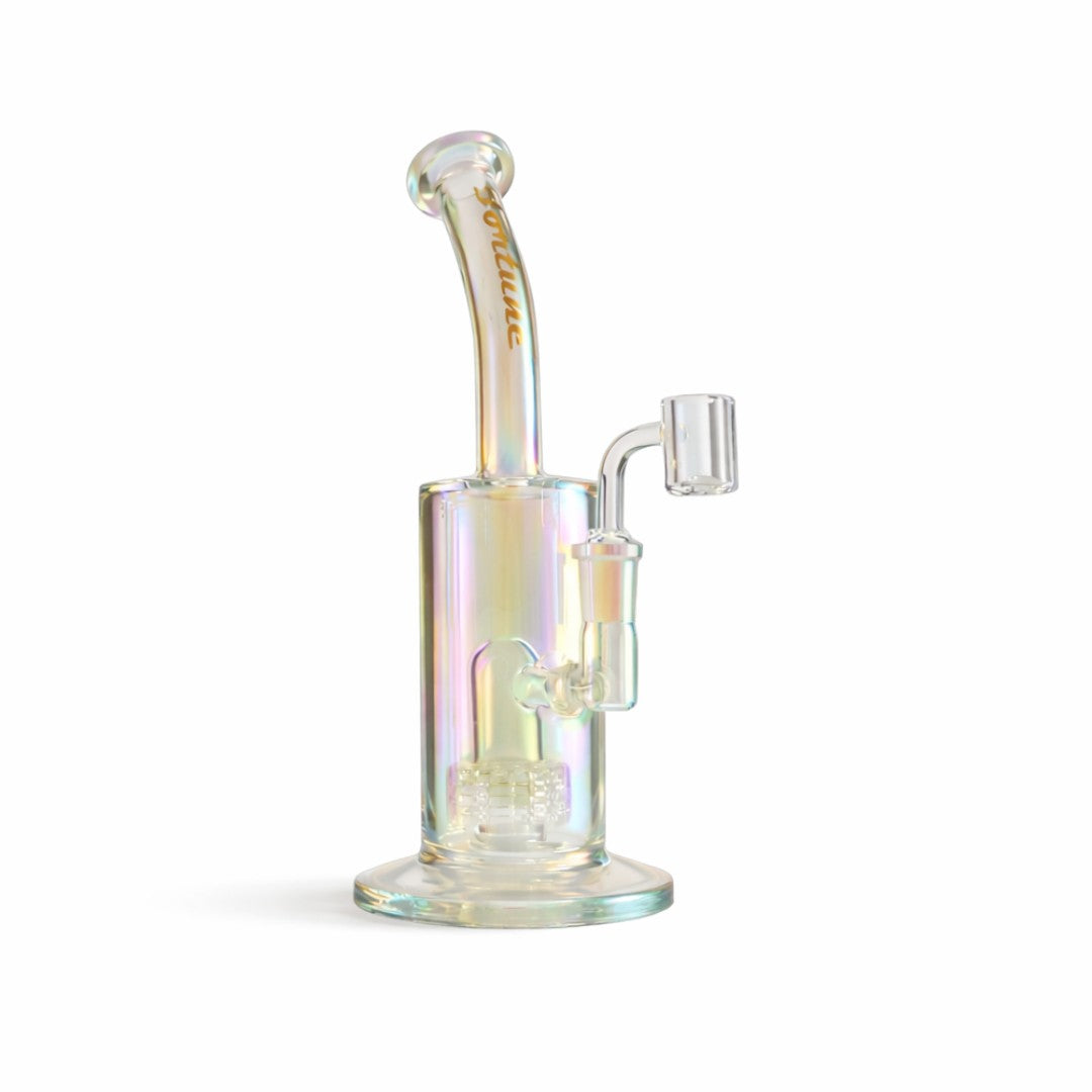 Sunshine Fortune 10-inch Matrix rig with pearly glass, an angled neck and fitted clear banger