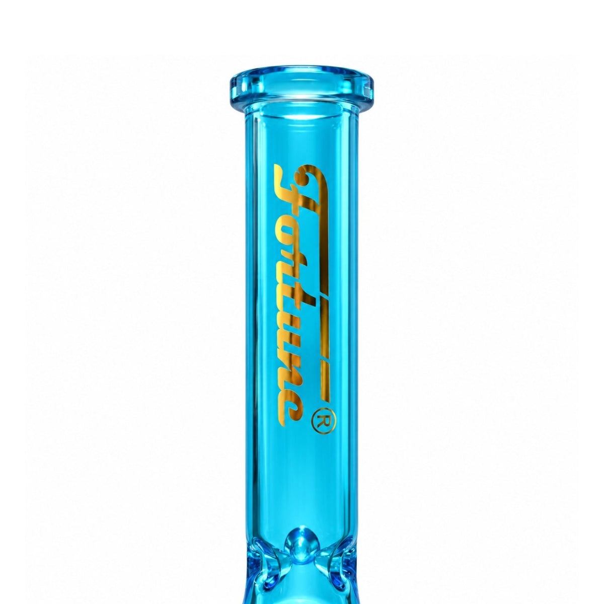 Close-up of the Blue Hex Appeal straight neck, thick mouthpiece rim and gold Fortune lettering