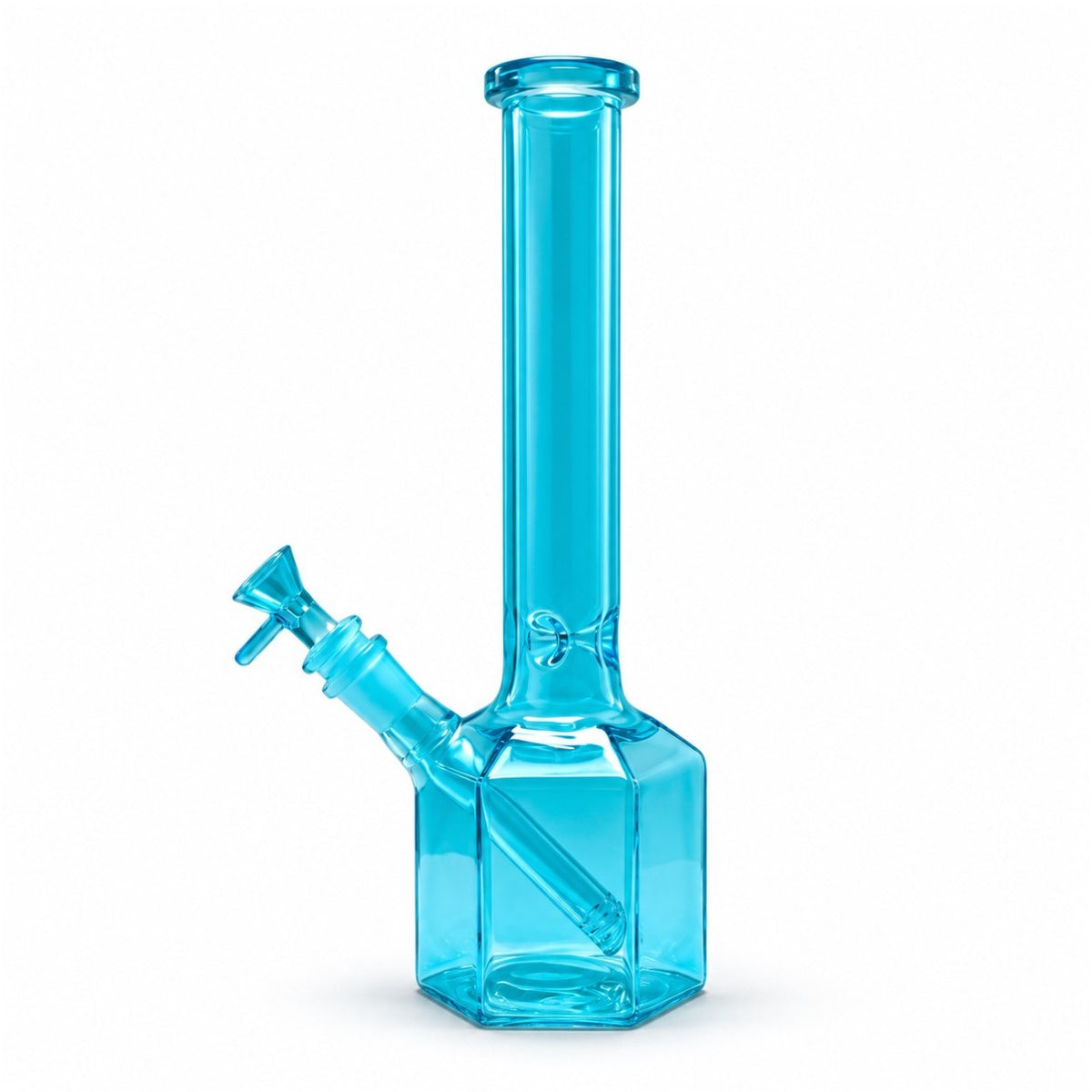 Angled view of the Blue Hex Appeal bong with the bowl removed from the coloured downstem