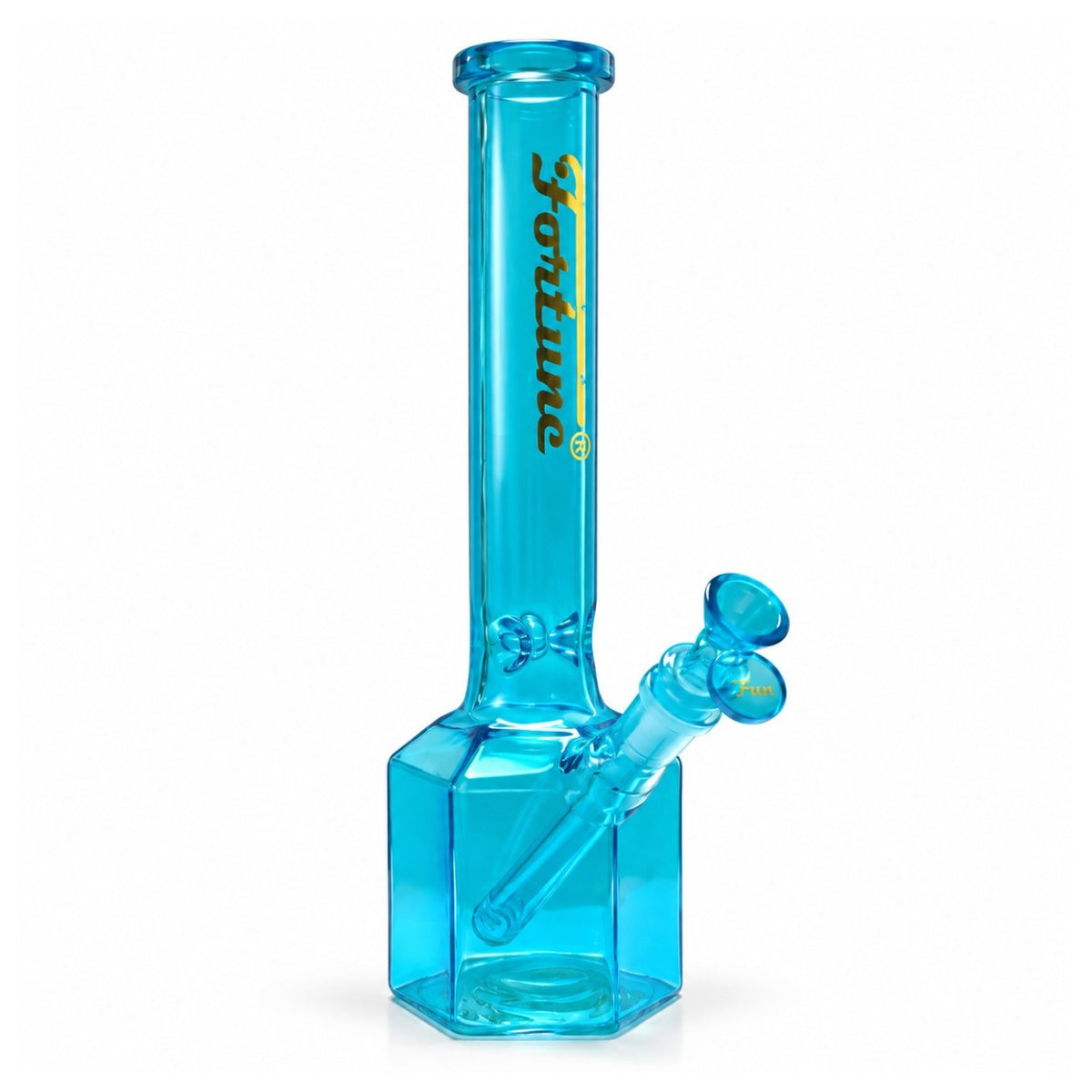 Blue Fortune Hex Appeal bong with a six-sided base, coloured downstem and handled bowl