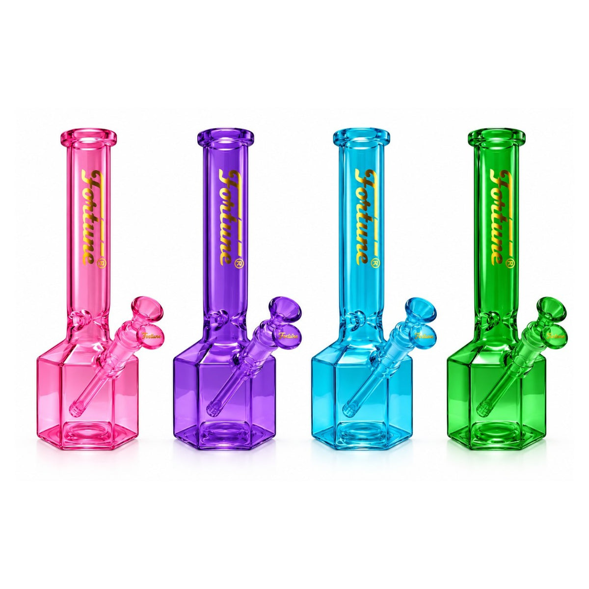 Pink, Purple, Blue and Green Fortune Hex Appeal bongs with six-sided bases and matching glass attachments