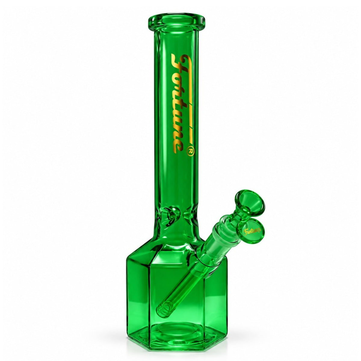Green Fortune Hex Appeal bong showing its coloured neck, hexagonal base and matching bowl