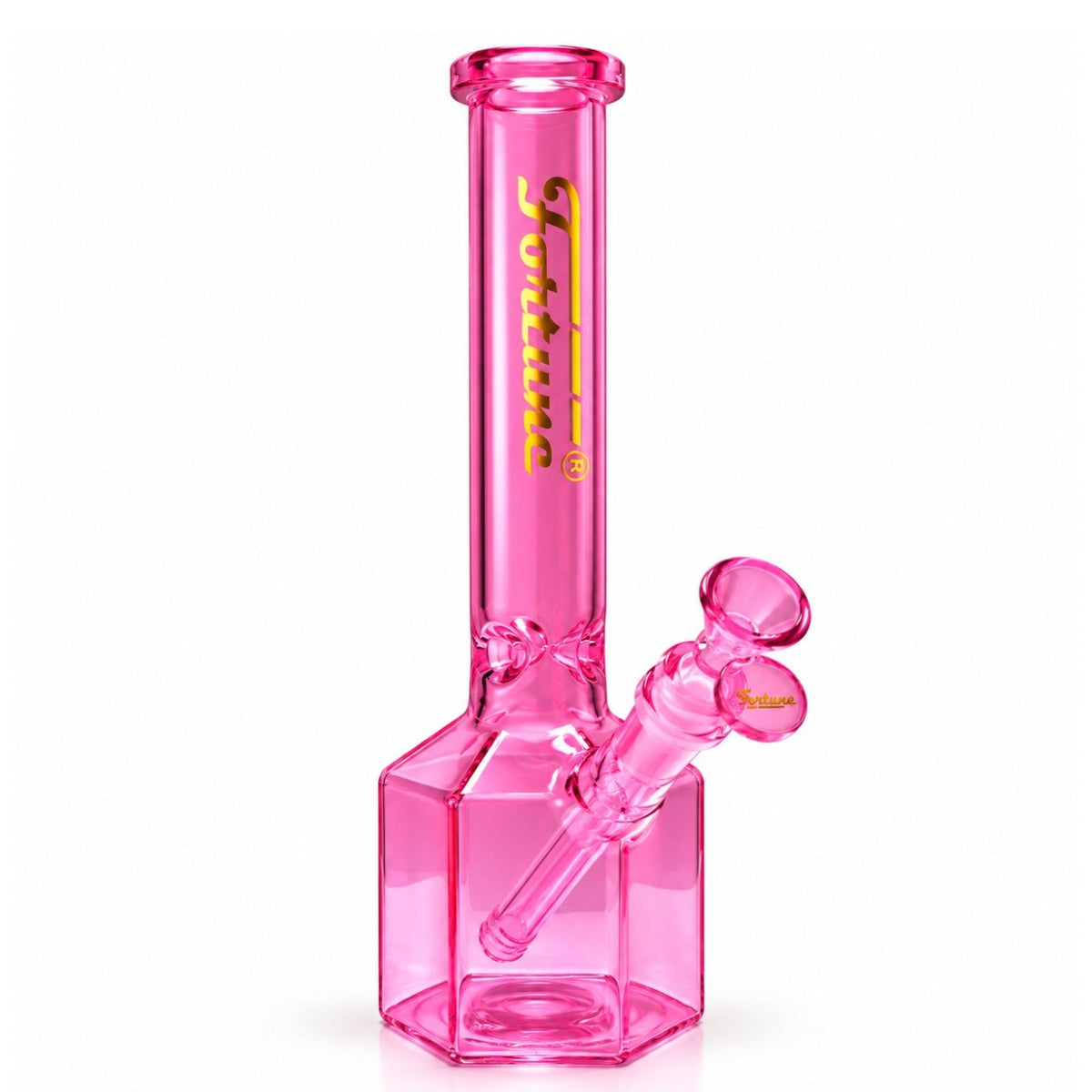 Pink Fortune 12-inch hex-base bong with gold neck branding and coordinated bowl