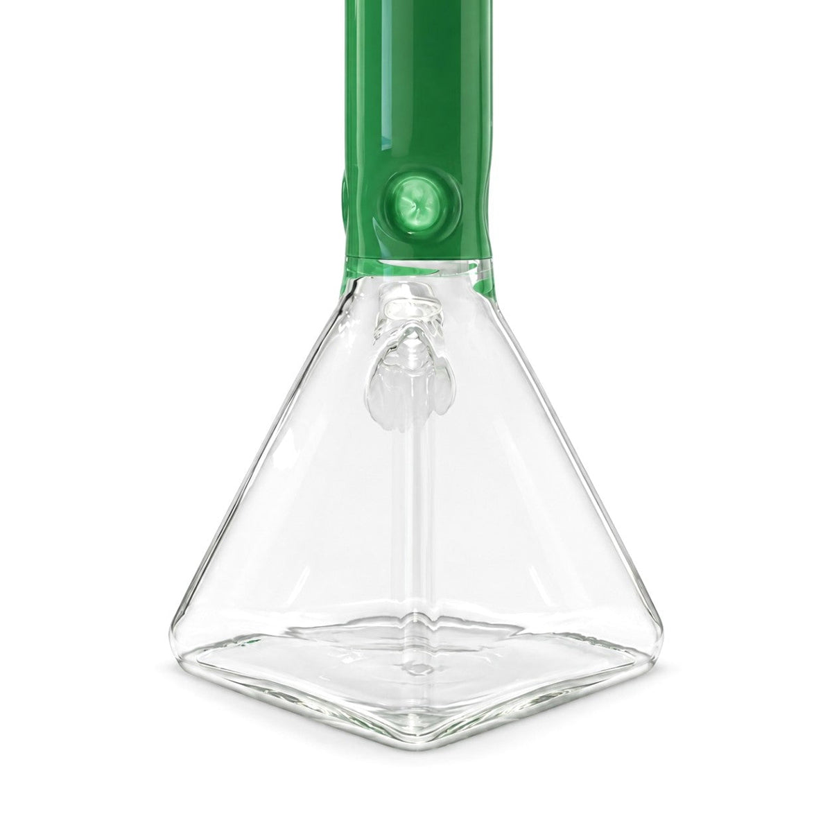 Detail of the Square Up bong’s clear tapered square base below the Green neck