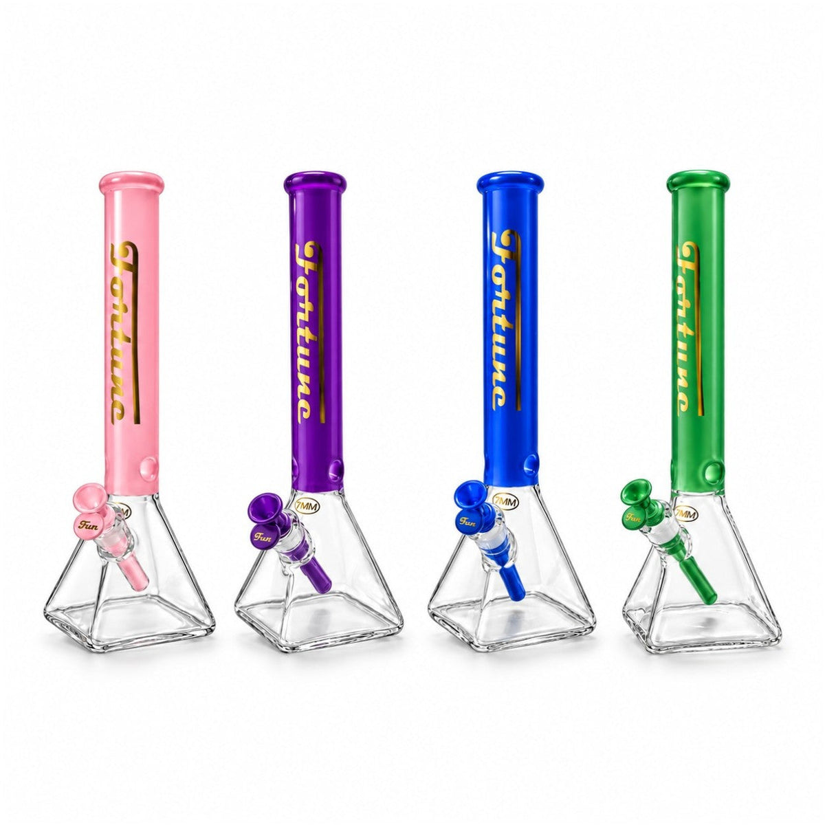 Pink, Purple, Blue and Green Fortune Square Up bongs with coloured necks and clear tapered square bases