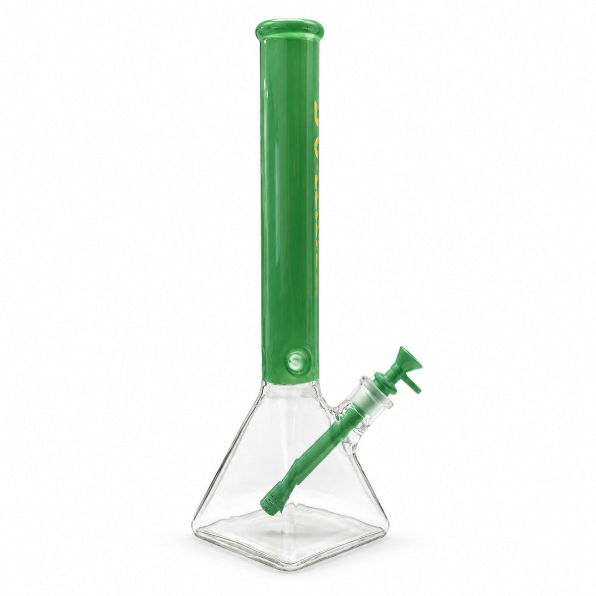 Side view of the Green Square Up bong with its angled downstem joint and clear square chamber
