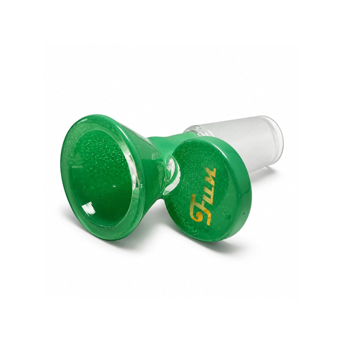 Separate Green 14mm Square Up bowl with a frosted male joint and gold-lettered round glass handle