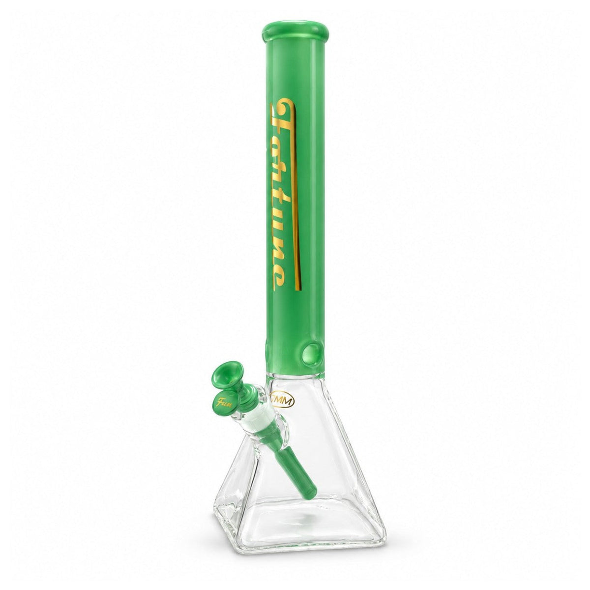 Green Fortune Square Up bong with a 50mm neck, clear square base and matching handled bowl