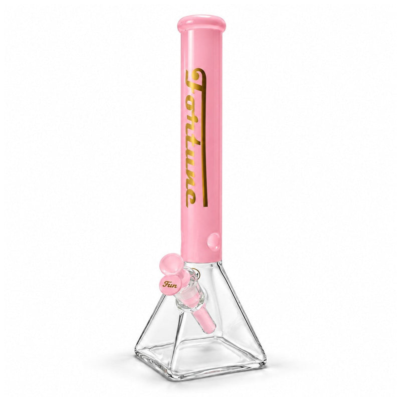 Pink Fortune 18-inch Square Up bong with a clear square base and matching glass attachments