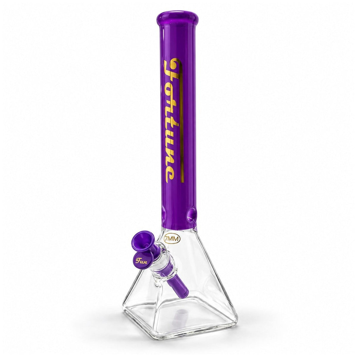 Purple Fortune Square Up bong showing its long gold-branded neck and matching handled bowl