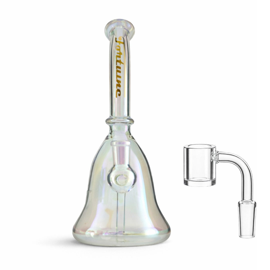 Front view of the Sunshine Prism Drift rig with gold neck lettering and its glass attachment displayed separately