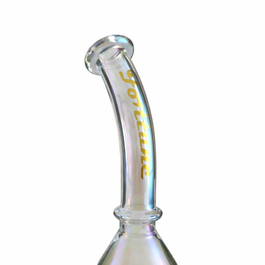 Close-up of the bent Sunshine Prism Drift neck, flared mouthpiece and vertical gold Fortune logo
