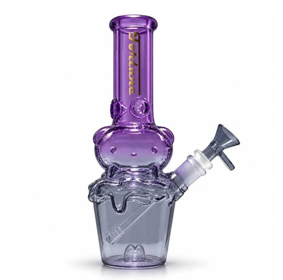 Black variant of the Fortune Character Cup Bong with smoky grey cup body, purple neck and dark handled glass bowl