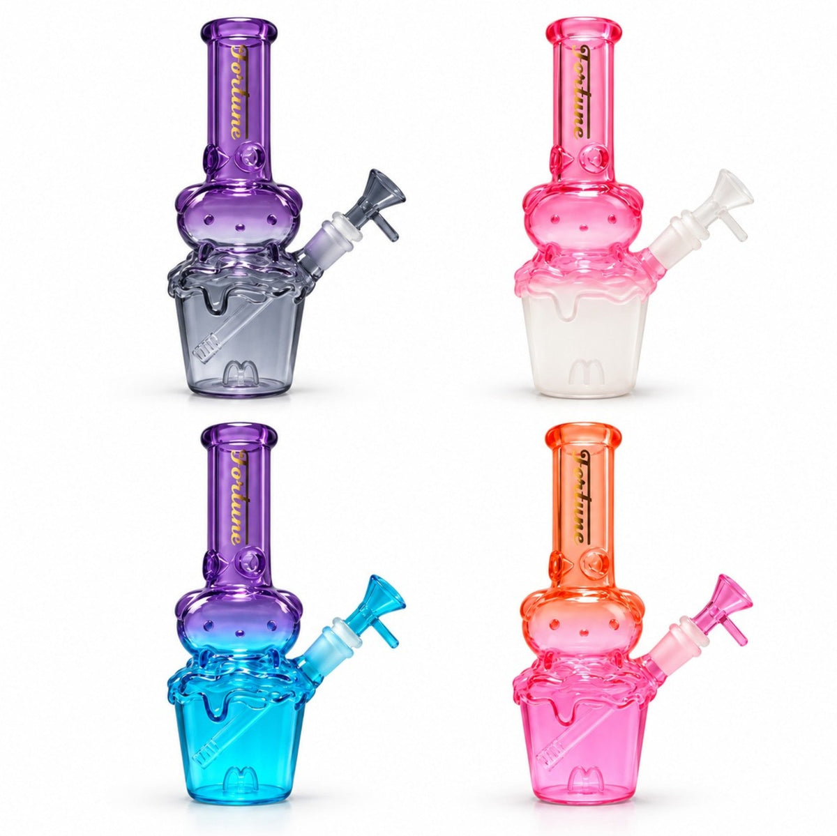 Four Fortune 10-inch Character Cup glass bongs with smiling cup bodies, colourful necks and matching bowls