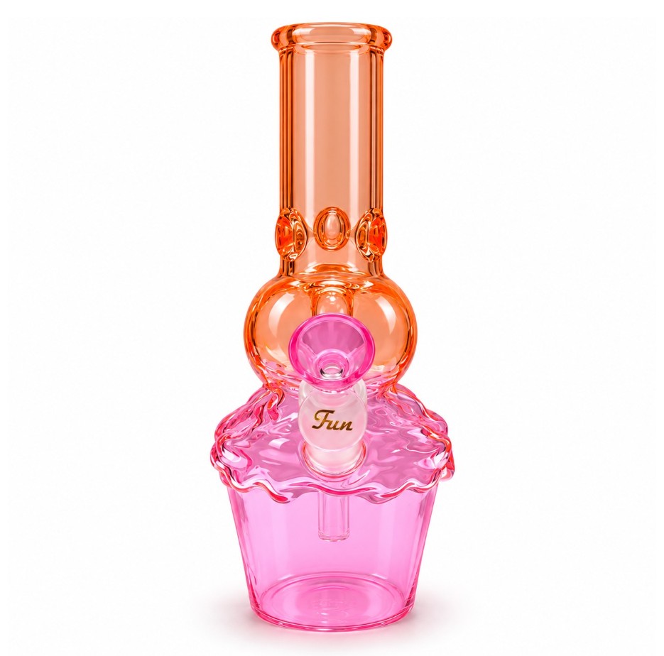 Bowl-facing view of the orange Fortune Character Cup Bong showing pink bowl, removable downstem and cup-shaped chamber