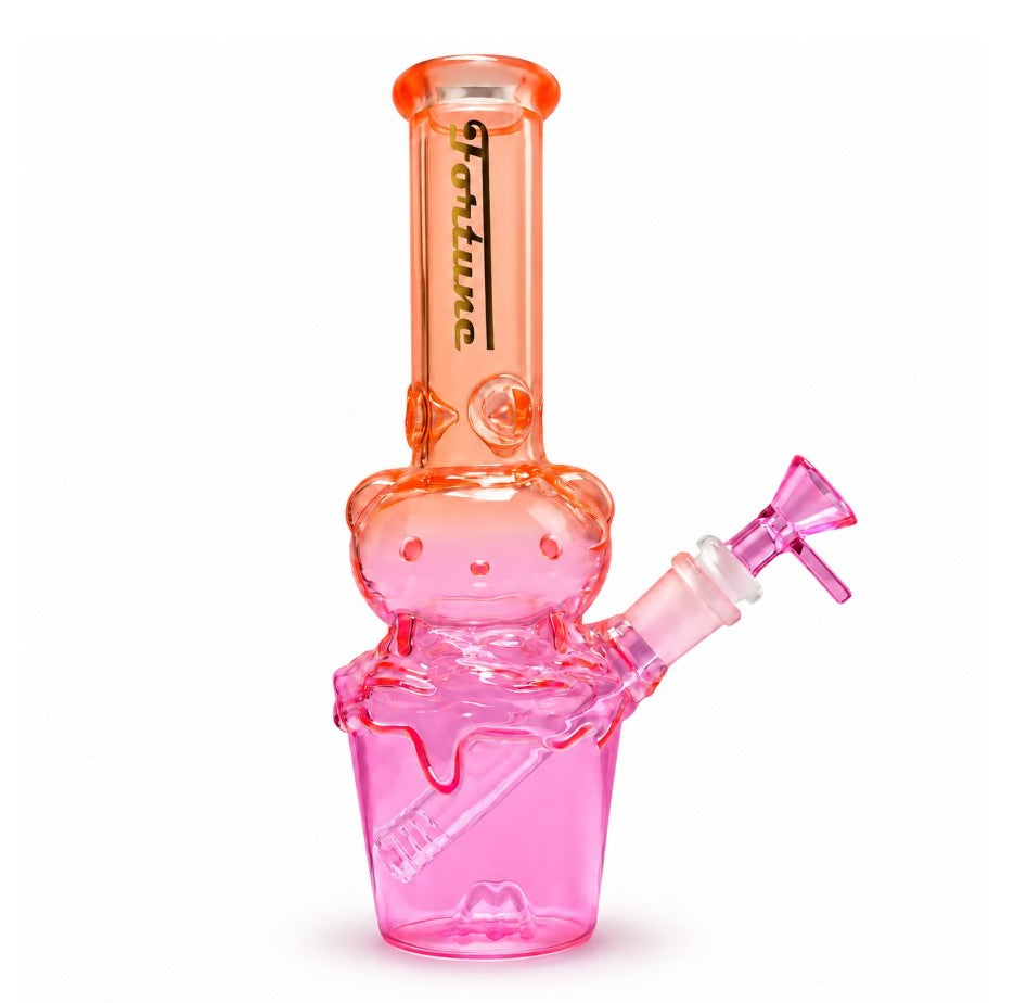 Fortune Character Cup Bong with orange neck, smiling pink cup body, raised glass drips and pink handled bowl