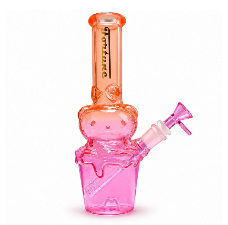 Fortune Character Cup Bong with orange neck, smiling pink cup body, raised glass drips and pink handled bowl