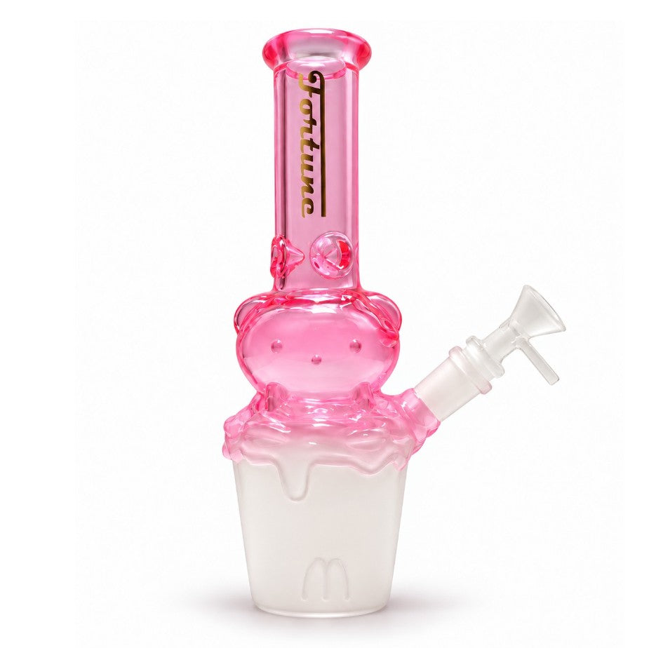 Pink Fortune Character Cup Bong with white cup-shaped base, smiling pink face and white handled glass bowl