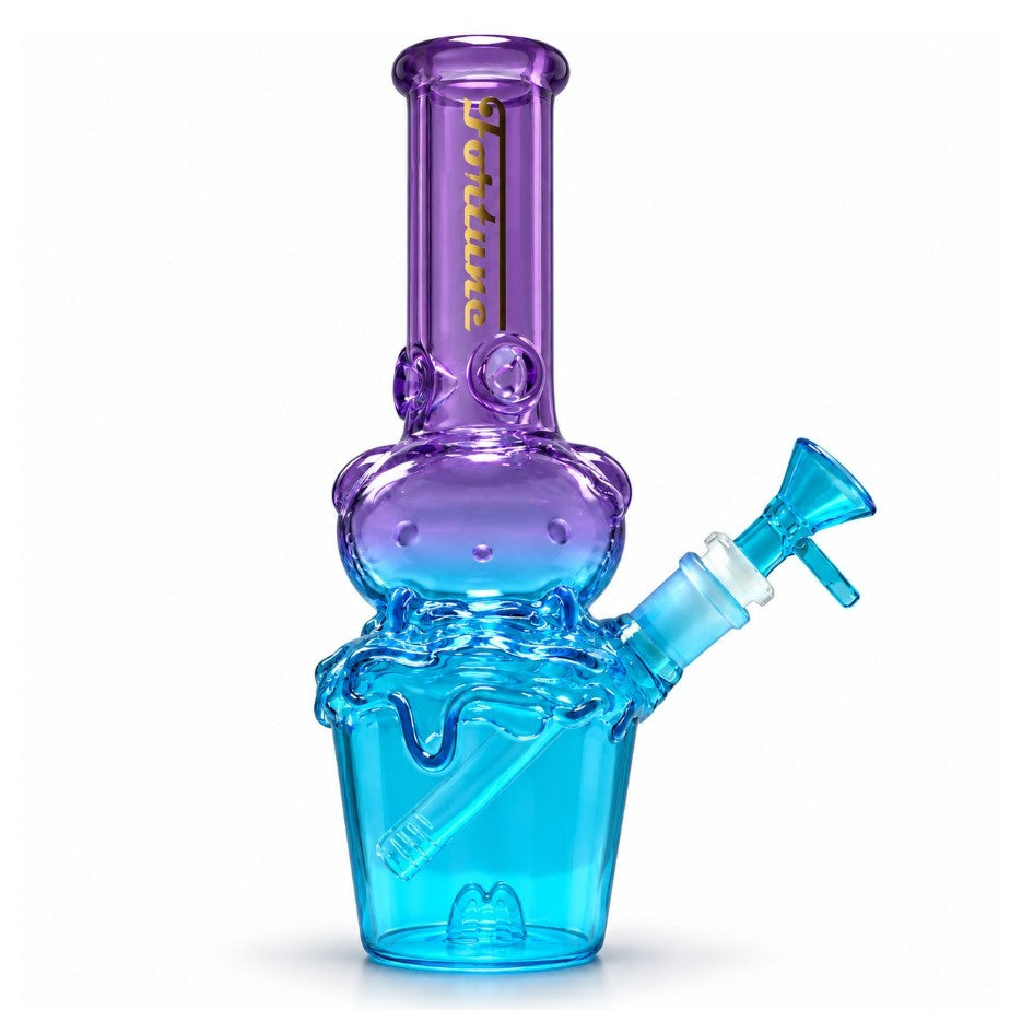 Fortune Character Cup Bong with purple neck, blue cup-shaped chamber, smiling face and blue handled bowl