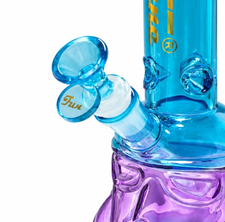 Close-up of the blue handled glass bowl and angled joint on the Fortune Glass Helmet Bong