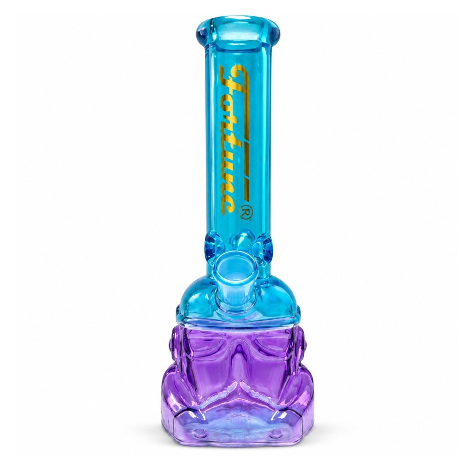 Front view of the blue Fortune Glass Helmet Bong showing the purple helmet-shaped water chamber